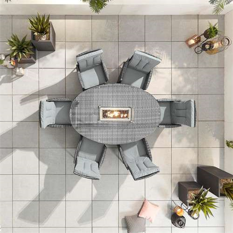 Ruxley 6 Seat Oval Rattan Garden Dining Set  with Fire Pit - Grey