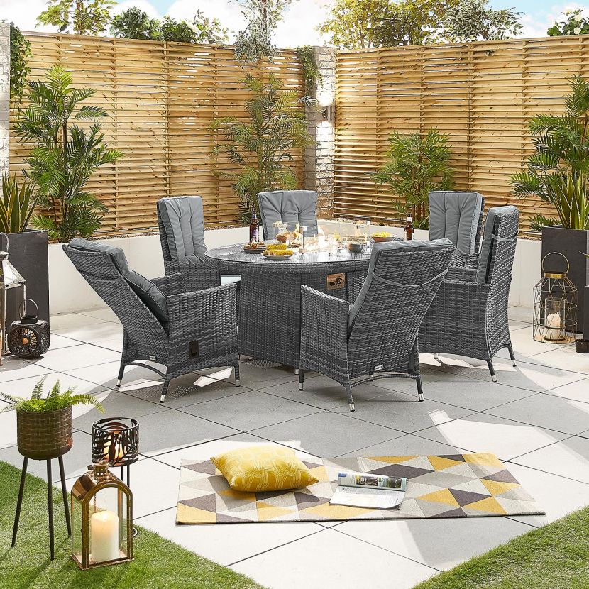 Ruxley 6 Seat Oval Rattan Garden Dining Set  with Fire Pit - Grey