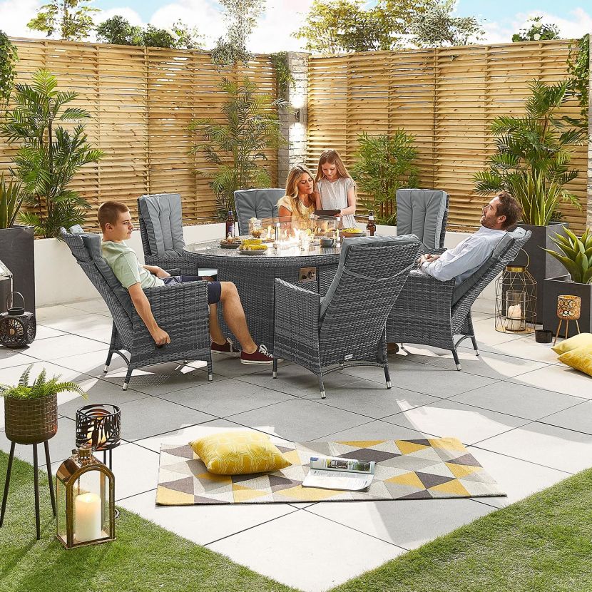Ruxley 6 Seat Oval Rattan Garden Dining Set  with Fire Pit - Grey